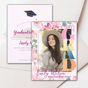 Roze Bloemen Foto Afstuderen Party Mini Uitnodigin Informatiekaartje