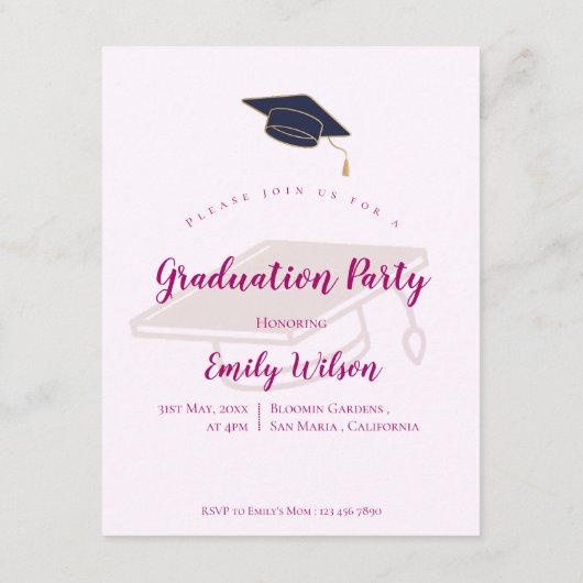 Roze Bloemen Foto Afstuderen Party Mini Uitnodigin Informatiekaartje (Achterkant)