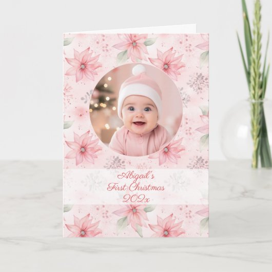 Roze Bloemen Foto Baby's Eerste Kerstmis Feestdagen Kaart (Voorkant)