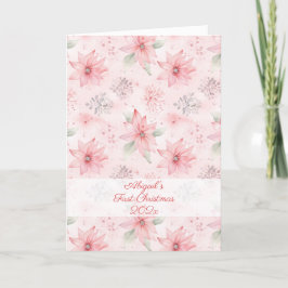 Roze Bloemen Foto Baby's Eerste Kerstmis Feestdagen Kaart