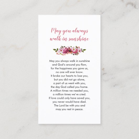 Roze Bloemen Foto Begrafenisgebed Kaart Visitekaartje (Achterkant)