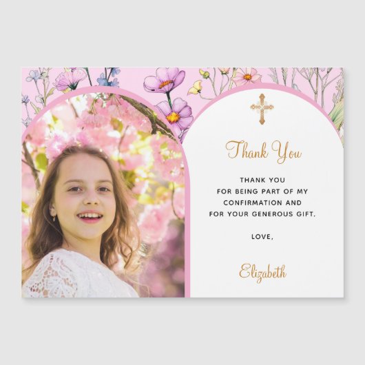 Roze bloemen foto bevestiging dank je wel kaart (Voorkant)