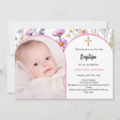 Roze bloemen foto-boog meisje kruis Doop Kaart (Voorkant)