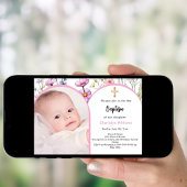 Roze bloemen foto-boog meisje kruis Doop Kaart