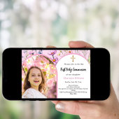 Roze bloemen foto boogmeisje Eerste Heilige Commun Kaart