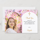 Roze bloemen foto boogmeisje kruis Eerste Communie Bedankkaart (Voorkant)