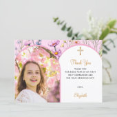 Roze bloemen foto boogmeisje kruis Eerste Communie Bedankkaart (Staand voorkant)