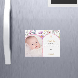 Roze bloemen foto Doop Dank u magneetkaart