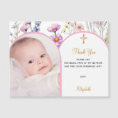 Roze bloemen foto Doop Dank u magneetkaart (Voorkant)