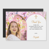 Roze bloemen foto Eerste Communie Dank je kaart (Voorkant / Achterkant)