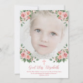 Roze Bloemen Foto Eerste Communie voor Meisjes Kaart (Achterkant)