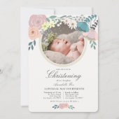 Roze Bloemen Foto Meisje Doop Kaart (Voorkant)