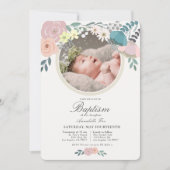 Roze Bloemen Foto Meisje Doop Kaart (Voorkant)