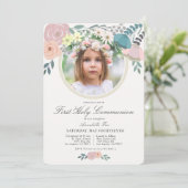 Roze Bloemen Foto Meisje Eerste Heilige Communie Kaart (Staand voorkant)