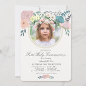 Roze Bloemen Foto Meisje Eerste Heilige Communie Kaart (Voorkant)