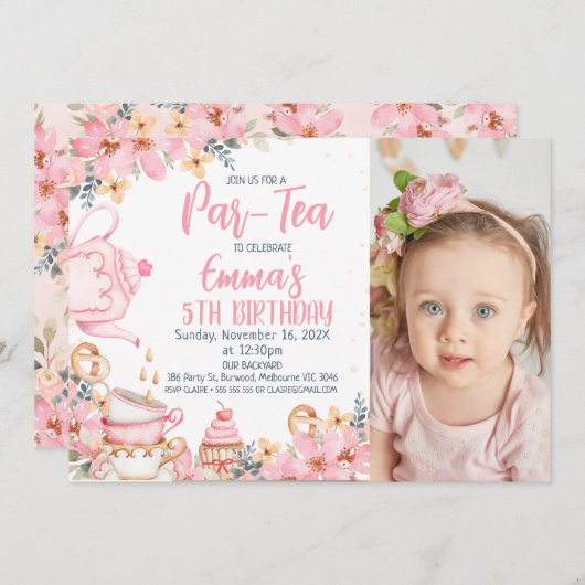 Roze Bloemen Foto Par-tea Verjaardag Uitnodiging (Voorkant / Achterkant)