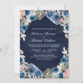 Roze Bloemen Foto QR Code Donkerblauw Huwelijk Kaart (Voorkant)