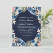 Roze Bloemen Foto QR Code Donkerblauw Huwelijk Kaart (Staand voorkant)