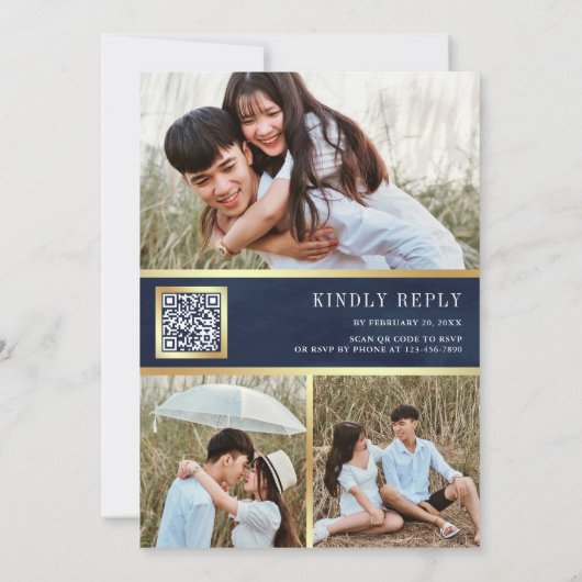 Roze Bloemen Foto QR Code Donkerblauw Huwelijk Kaart (Achterkant)