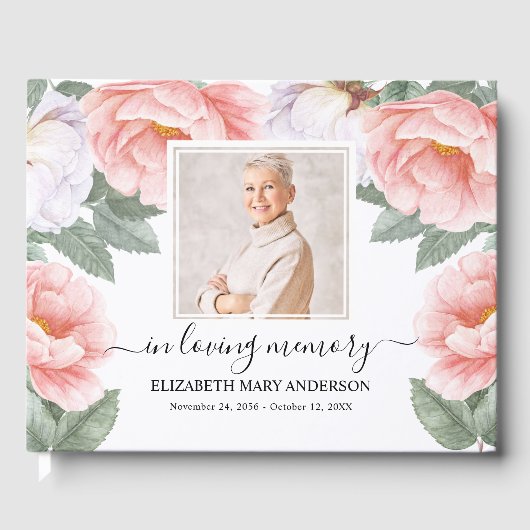 Roze Bloemen Foto Sympathie Uitvaart Waterverf Gastenboek (Voorkant)