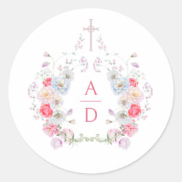 Roze Bloemen Frame Religieuze Huwelijks Monogramme Ronde Sticker