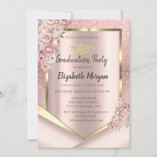 Roze Bloemen Frame Roze Goud Glitter Afstuderen Kaart (Voorkant)