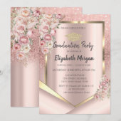 Roze Bloemen Frame Roze Goud Glitter Afstuderen Kaart (Voorkant / Achterkant)