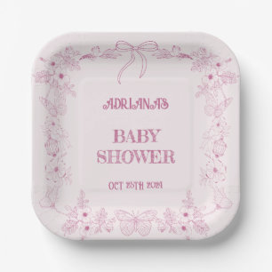 Roze Bloemen Franse Toile Girl Baby shower Papieren Bordje