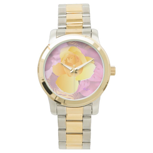 Roze Bloemen Geel Rose Two-Toned Armband horloge (Voorkant)