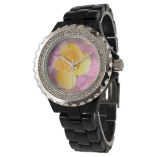Roze Bloemen Geel Rose Zwart Strass horloge