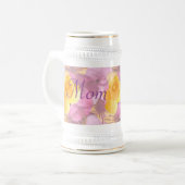 Roze bloemen Geel Roze Mam Beer Stein Bierpul (Voorkant links)