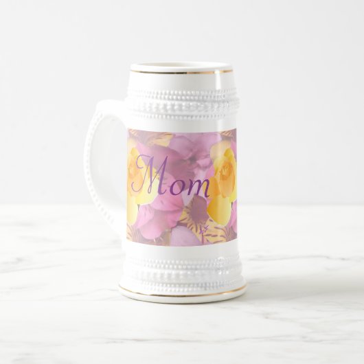 Roze bloemen Geel Roze Mam Beer Stein Bierpul (Voorkant links)