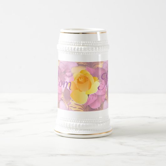 Roze bloemen Geel Roze Mam Beer Stein Bierpul (Center)