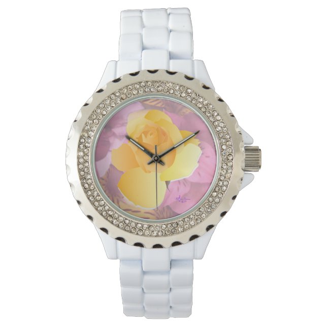 Roze bloemen Geel Roze Rhinestone Horloge (Voorkant)
