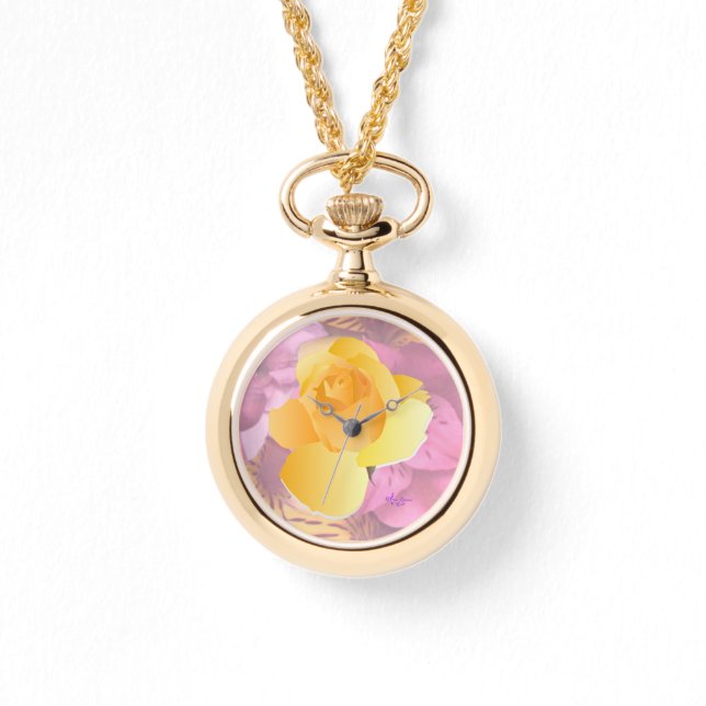 Roze bloemen Geel Rozen Goud Wraparound Watch Horloge (Voorkant)