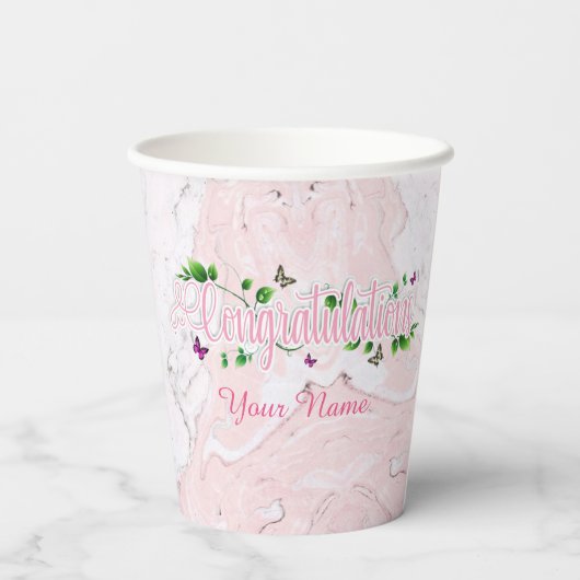 Roze Bloemen Gefeliciteerd tekst Paper cup Papieren Bekers (Achterkant)