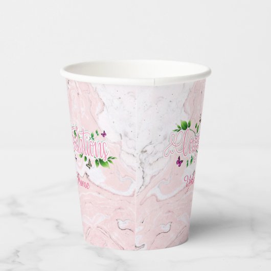 Roze Bloemen Gefeliciteerd tekst Paper cup Papieren Bekers (Rechts)
