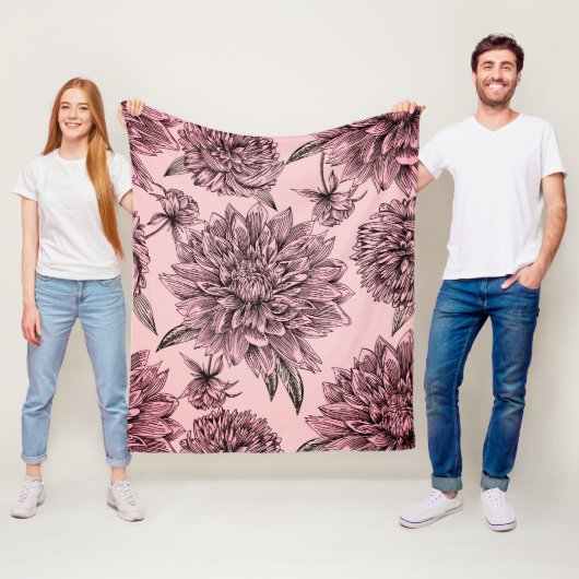  roze bloemen geïllustreerd patroon fleece deken (In situ)