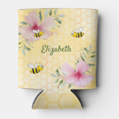 Roze bloemen gele naam blikjeskoeler (Voorkant)