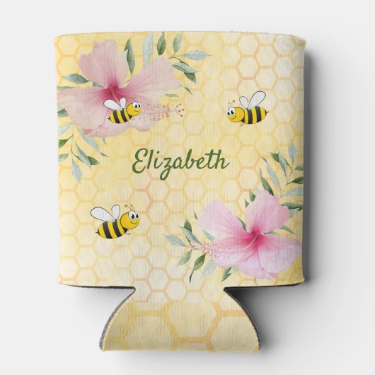 Roze bloemen gele naam blikjeskoeler (Achterkant)