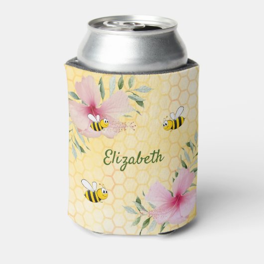 Roze bloemen gele naam blikjeskoeler (Blikje Achterkant)