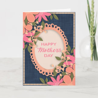 Roze bloemen "Gelukkige Moederdag" op marineblauw Kaart
