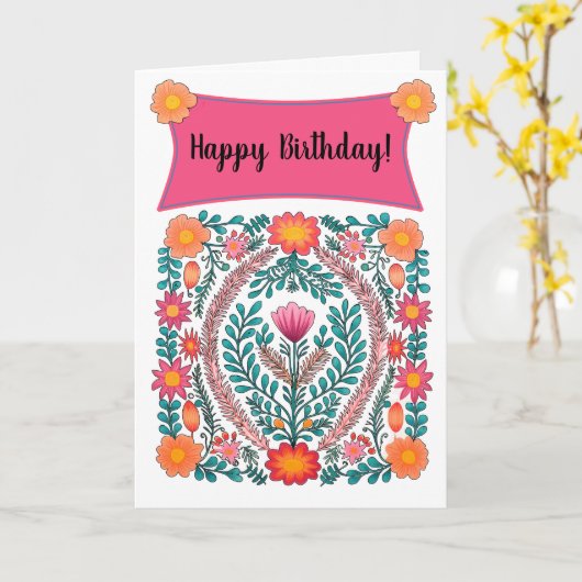 Roze Bloemen Gelukkige Verjaardag Kaart (Gele Bloem)