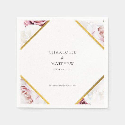 Roze Bloemen Geometrisch Bruiloft Party Papier Servet (Voorkant)