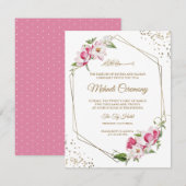 Roze Bloemen Geometrisch Goud Lijst Islamitische M Informatiekaartje (Voorkant / Achterkant)