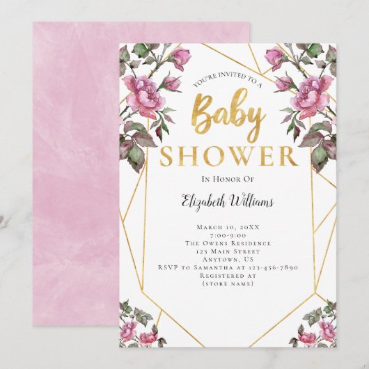 Roze bloemen Geometrisch Lijst Baby shower Kaart (Voorkant / Achterkant)