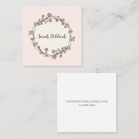 Roze bloemen geometrisch monogram vierkante visitekaartje (Voorkant / Achterkant)