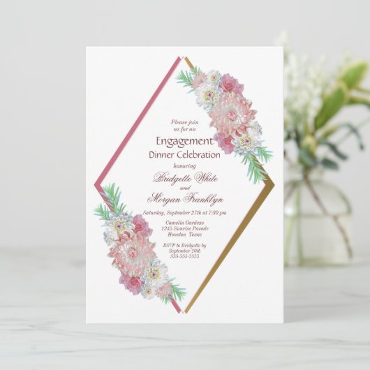 Roze Bloemen Geometrisch Verloving Diner Kaart (Staand voorkant)