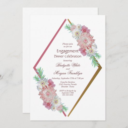 Roze Bloemen Geometrisch Verloving Diner Kaart (Voorkant / Achterkant)