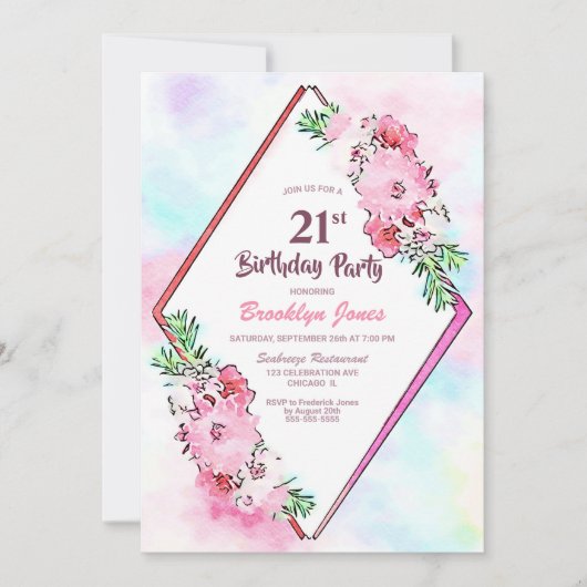 Roze Bloemen Geometrische 21ste Verjaardagsfeest Kaart (Voorkant)
